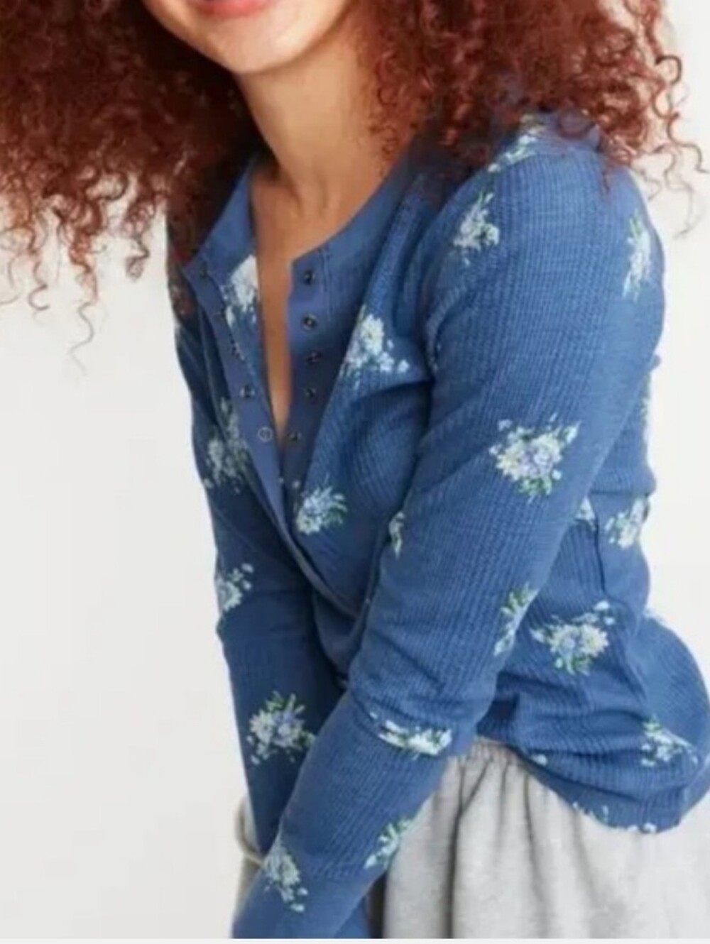 Aerie Floral Thermal Waffle Knit Henley Top Blue S NWT